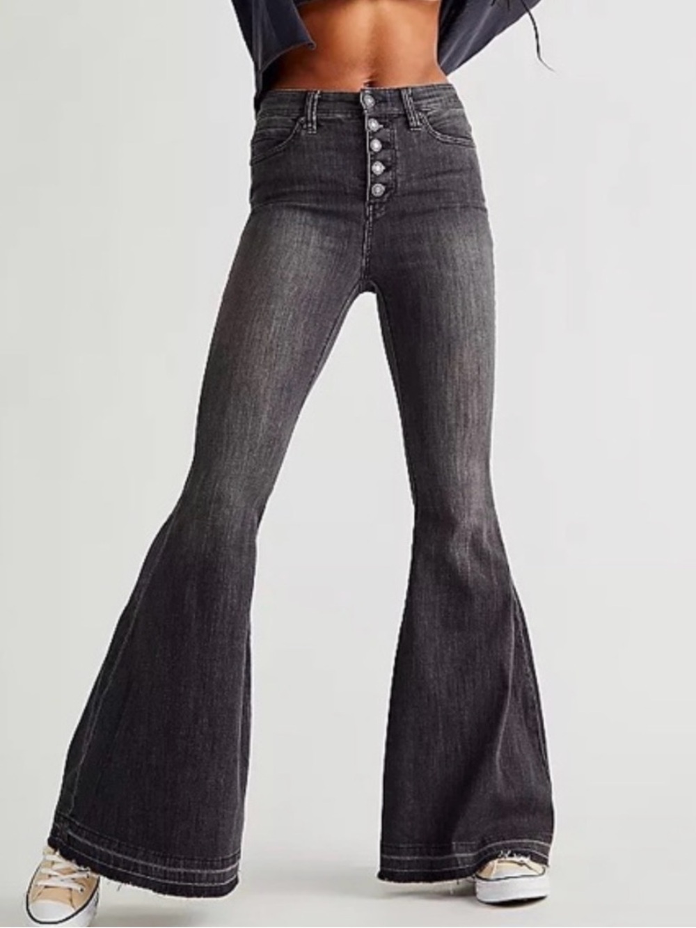 We The Free High-Rise Washed Black Flare Jeans with Button Fly